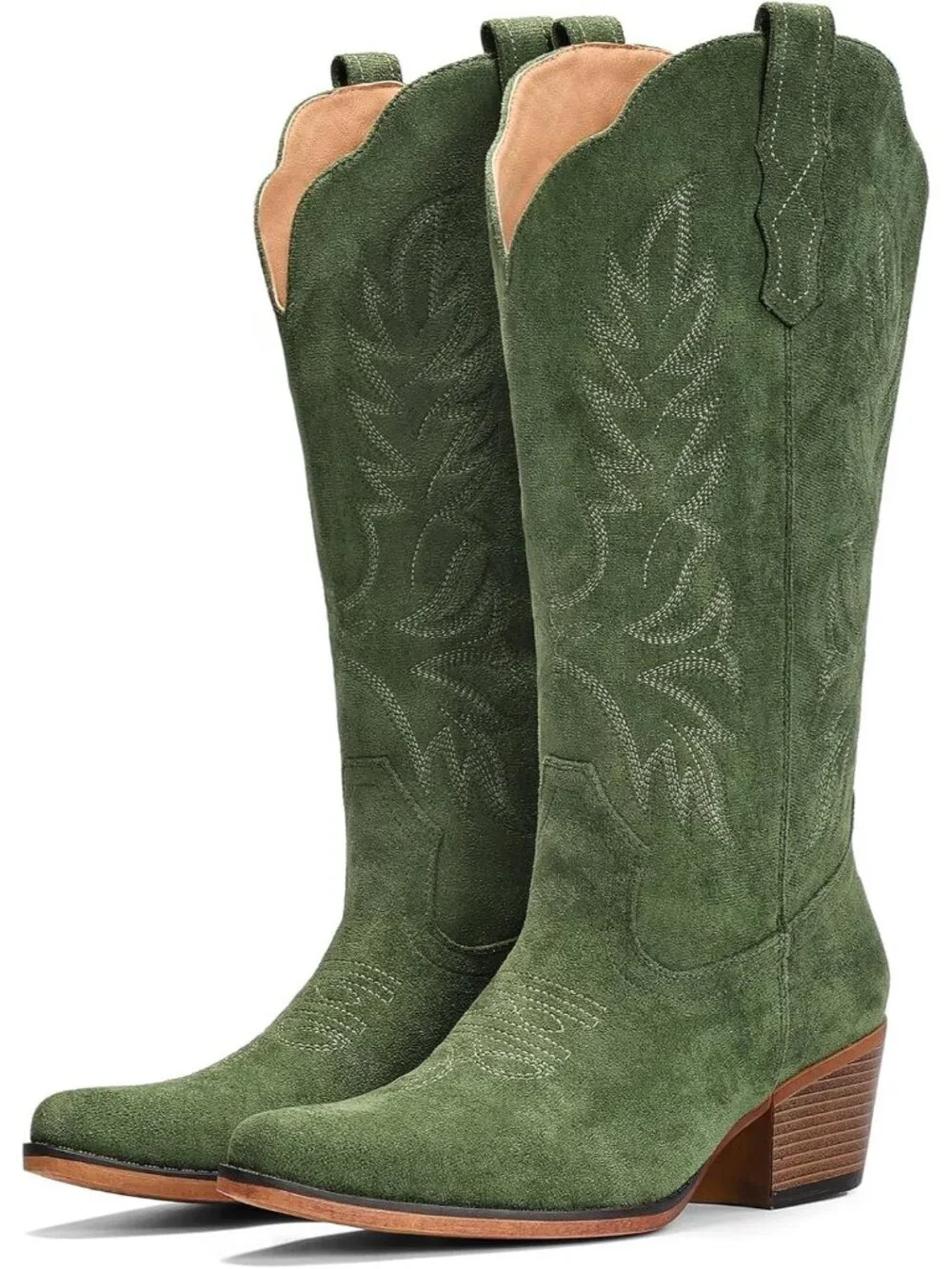 Women’s Green Slip-On Mid-Calf Embroidered Cowboy Snip Toe Chunky Heel